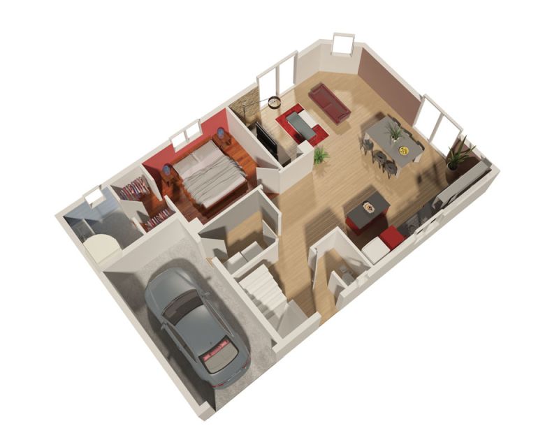 Maison modèle Lounge plan 3D rez-de-chaussée
